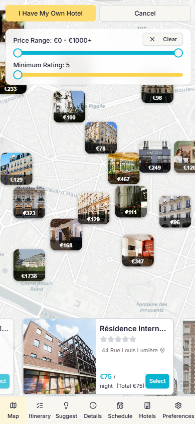Starting Point Selection Interface - Interactive map showing hotel selection, destination pins, preference settings, and travel date picker with real-time availability